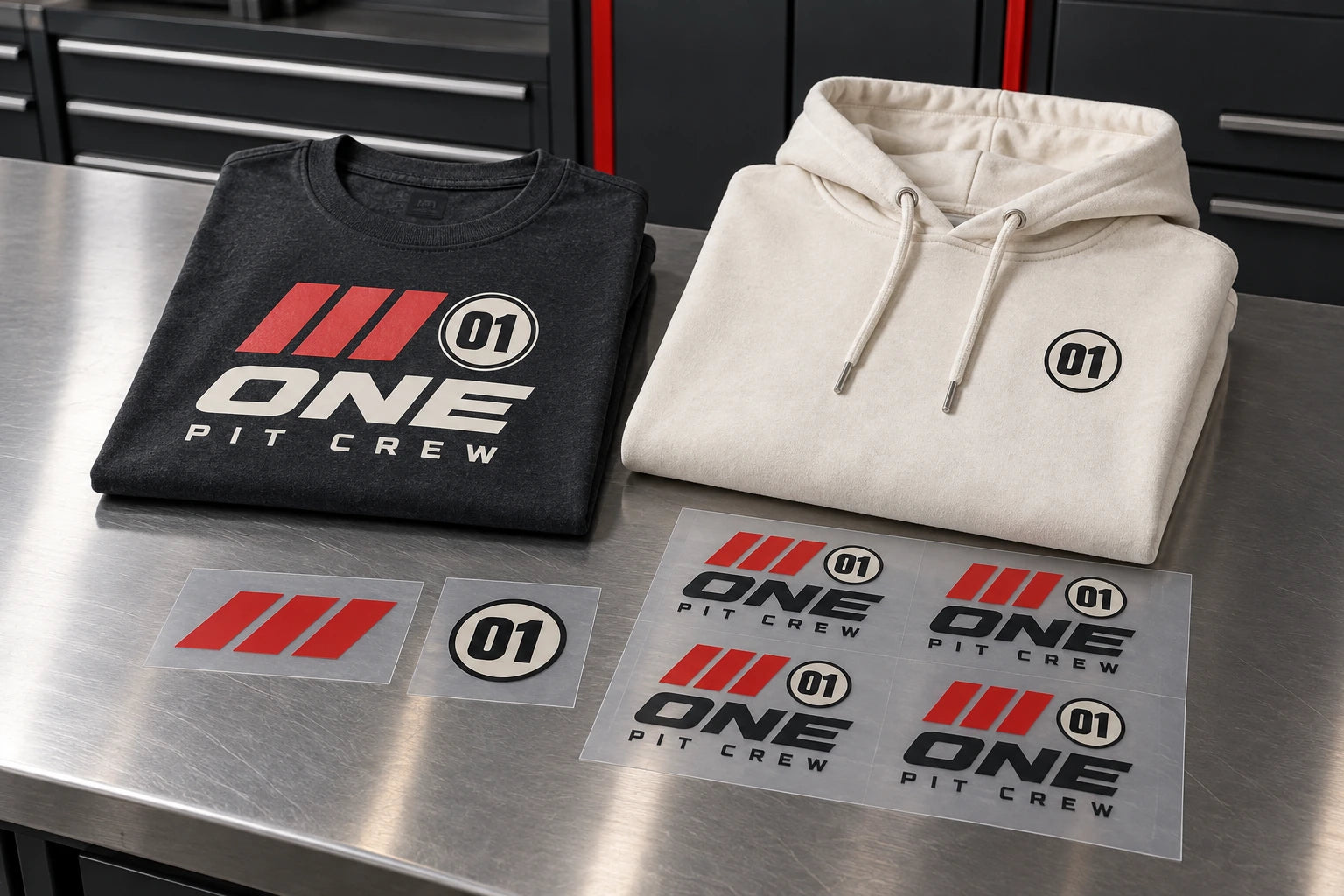 Printed transfer films beside a charcoal shirt and ivory hoodie on a clean steel bench.