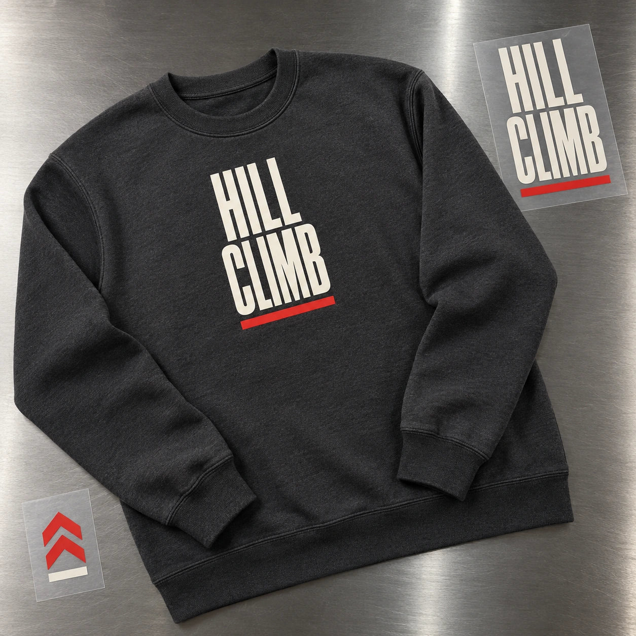 Illustrative HILL CLIMB sweatshirt with a loose lettering transfer and an ascent-symbol transfer.