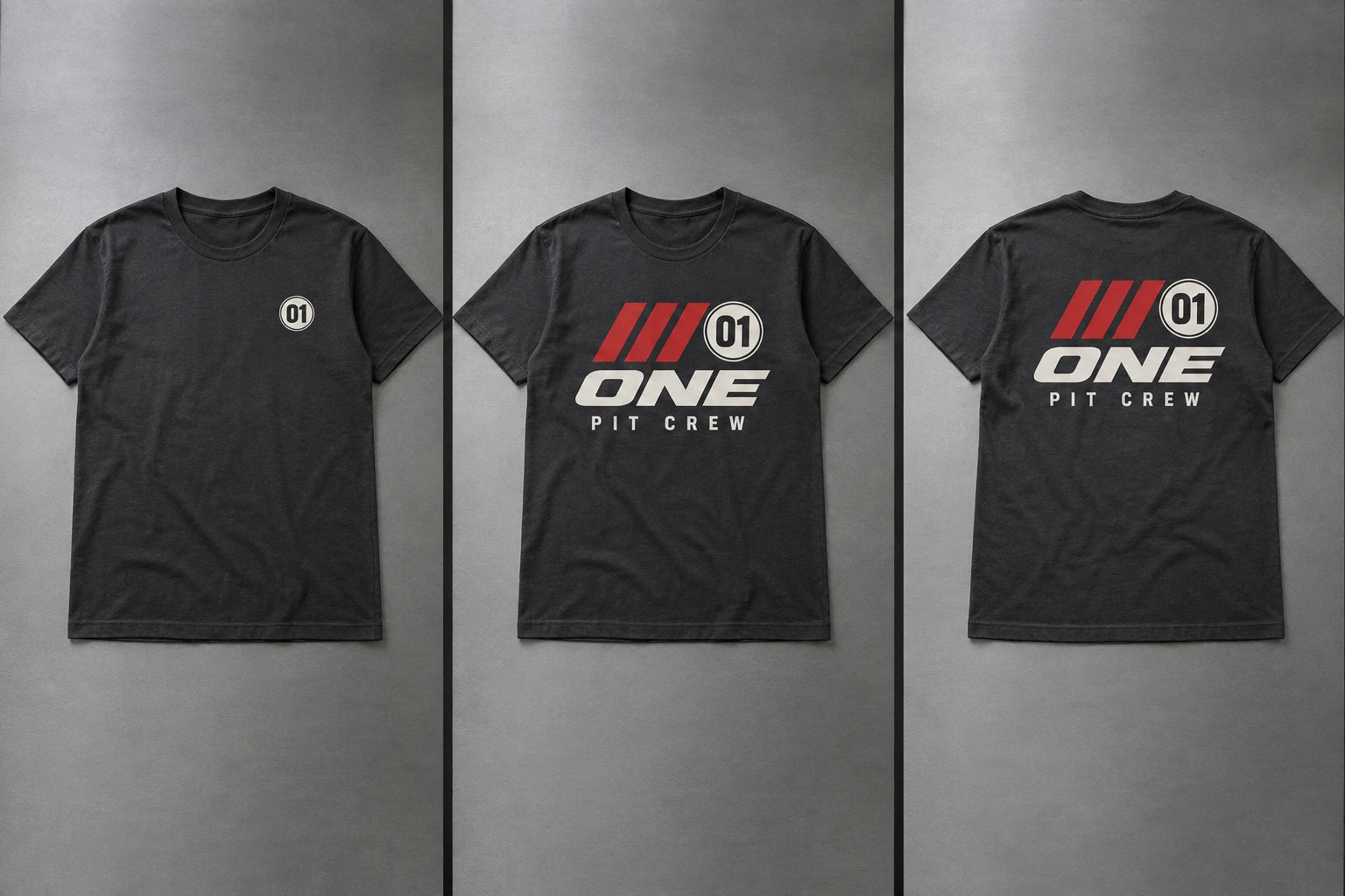 Charcoal T-shirts with a small 01 left-chest mark, a large ONE front print, and a PIT CREW back print.