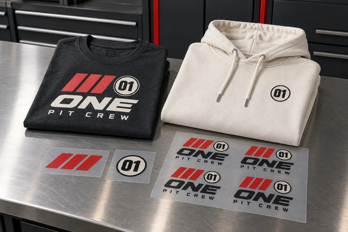 Printed transfer films beside a charcoal shirt and ivory hoodie on a clean steel production bench.