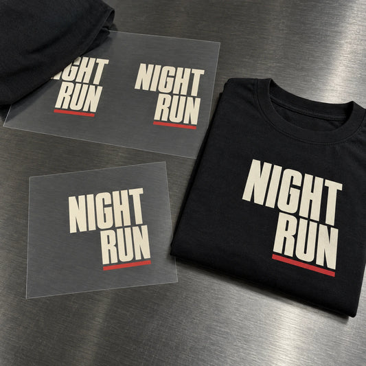 NIGHT RUN transfer beside its application on a black shirt, with part of the printed sheet visible behind.
