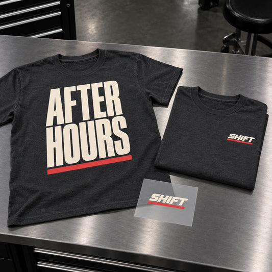 Large AFTER HOURS front print and small SHIFT chest print on charcoal shirts, with a loose SHIFT transfer.