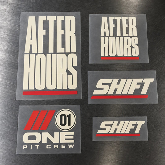 Five separate translucent carriers with complete AFTER HOURS, SHIFT and ONE PIT CREW sample designs in different sizes.