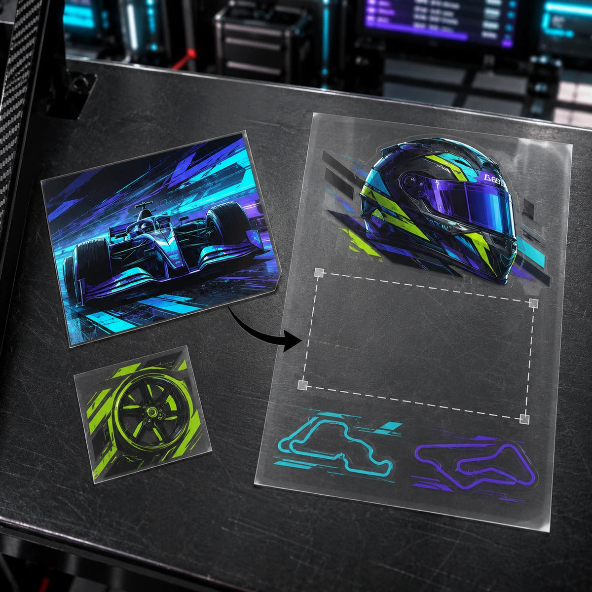 Neon formula-racing designs being arranged inside a sheet, with a placement slot and loose artwork.