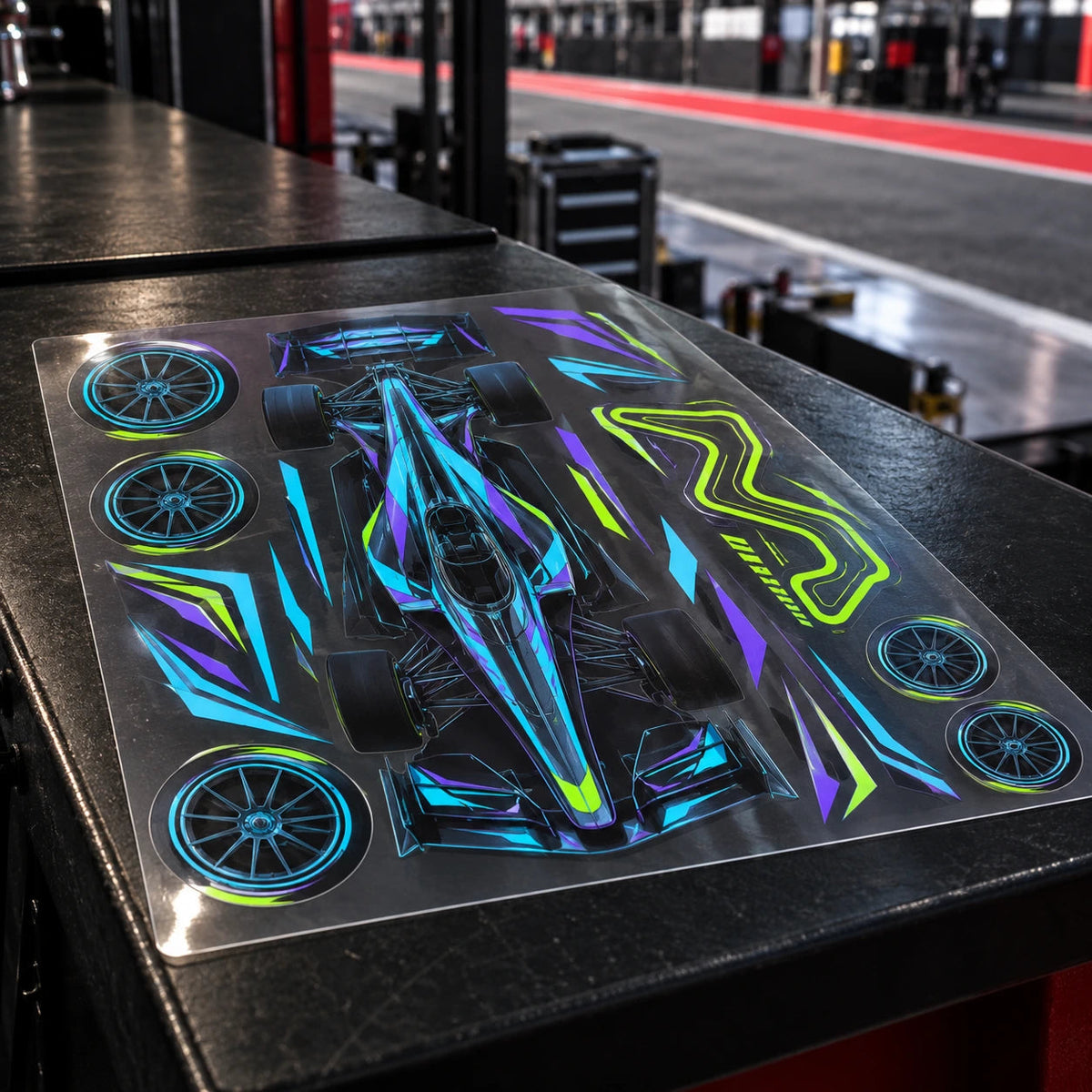 Completed cyan, violet and lime formula-car sheet with track and wheel graphics.