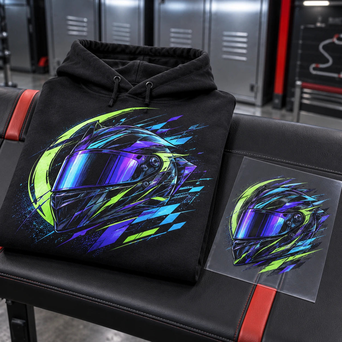 Neon helmet graphic on a charcoal hoodie, with a separate loose helmet transfer.