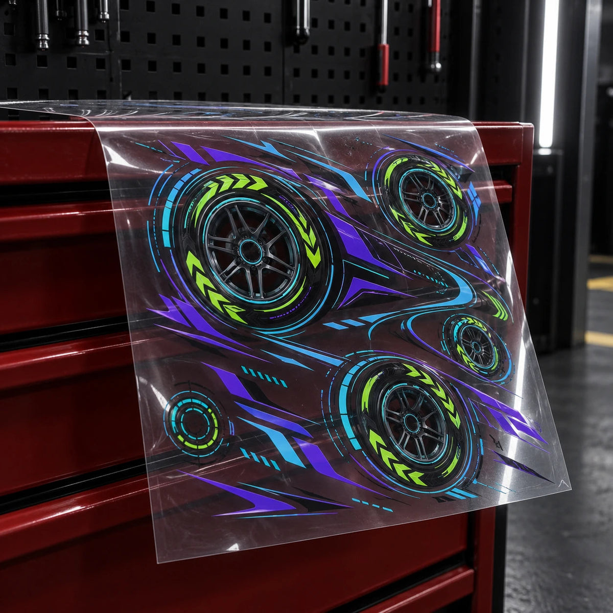 Clear-film sheet with neon wheel, track and aero-fin artwork above a racing pit-cart edge.