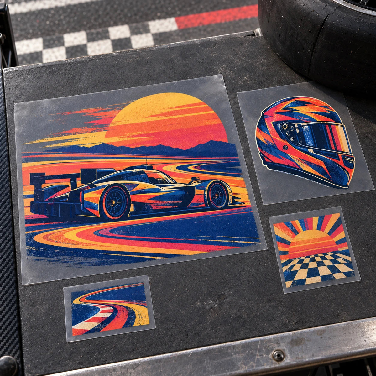 Separate car, helmet and track transfers on clear film in different sizes.