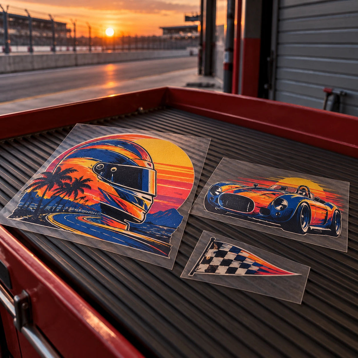 Separate colorful helmet, roadster and pennant transfers on a ribbed racing pit tray.