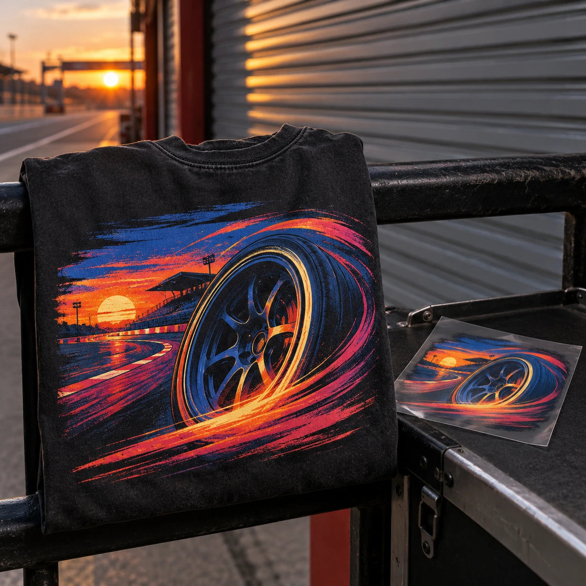 Cobalt and orange wheel print on a black tee, with a separate loose transfer beside it.