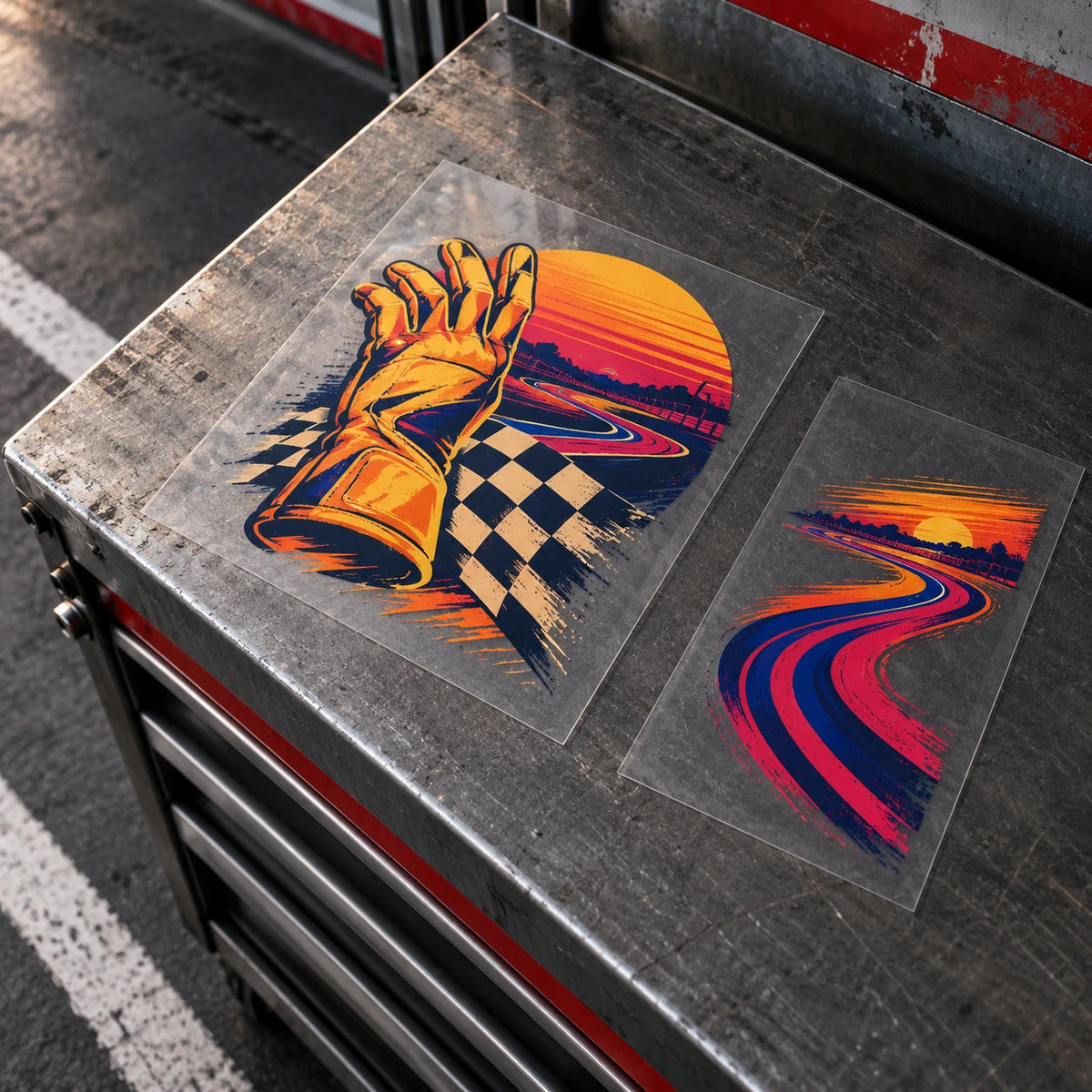 Racing glove and hairpin graphics on two separate clear-film transfers.