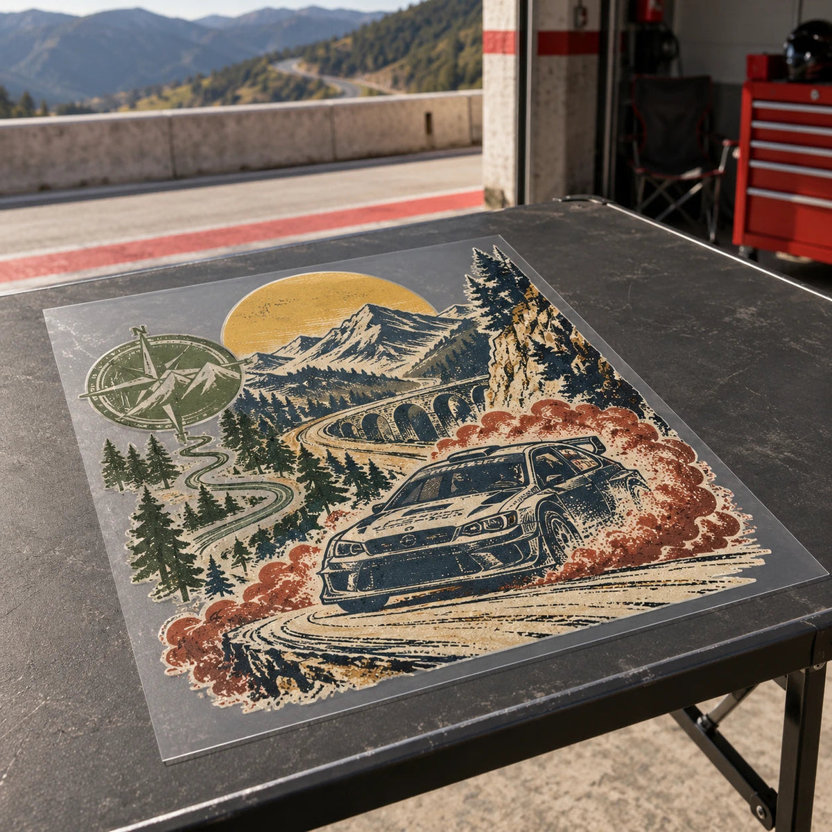 Finished sage, mustard and terracotta mountain-road layout on a clear carrier sheet.