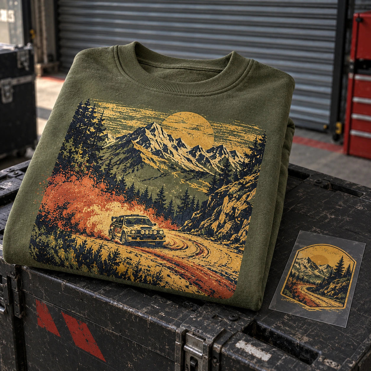 Rally-road print on an olive sweatshirt, with a separate clear-film route transfer.