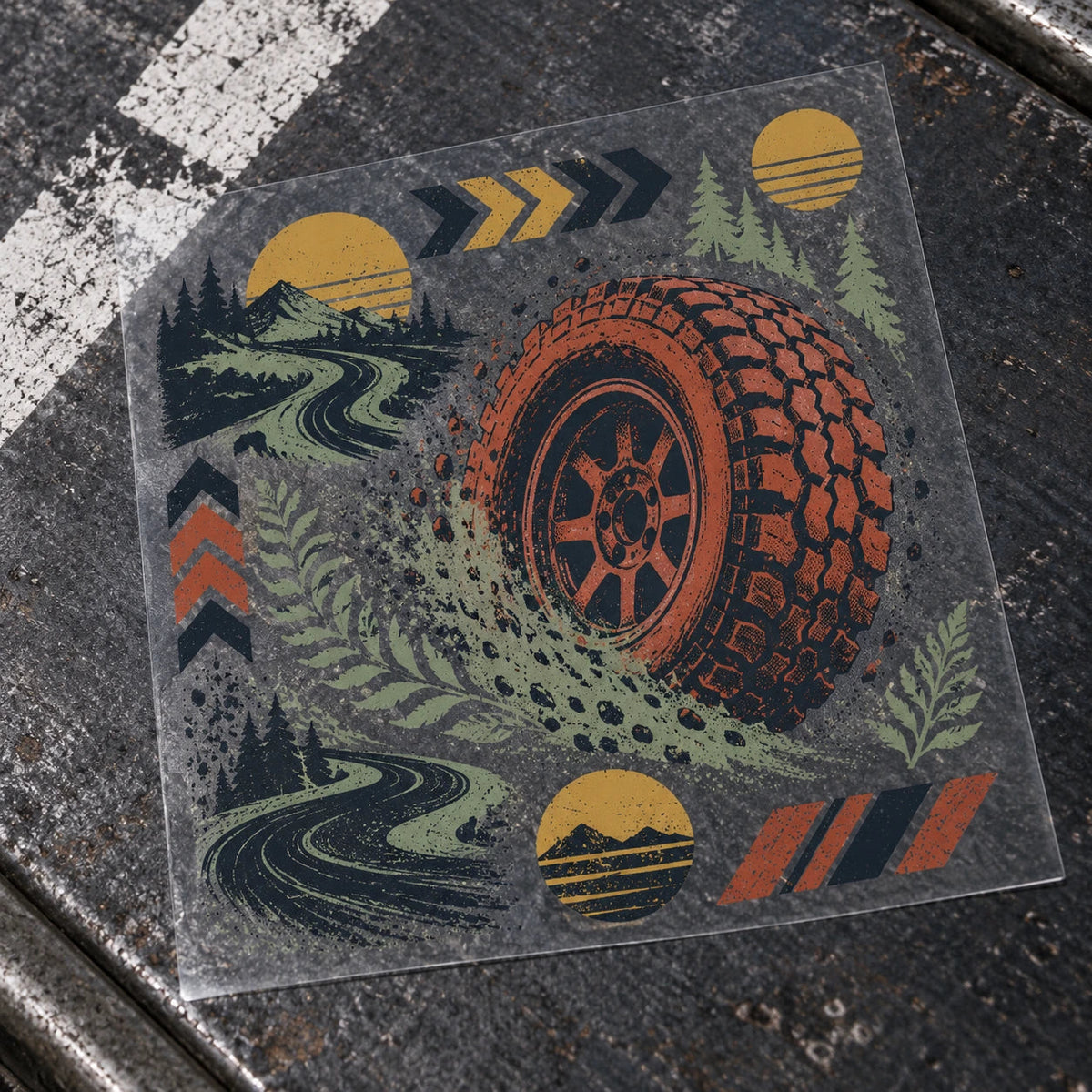 Completed sheet of off-road wheel, dust-trail, road-curve and sun artwork.
