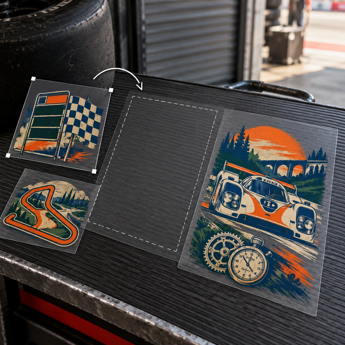 Vintage blue and orange pit-lane designs being arranged on a UV sheet with an empty placement slot.