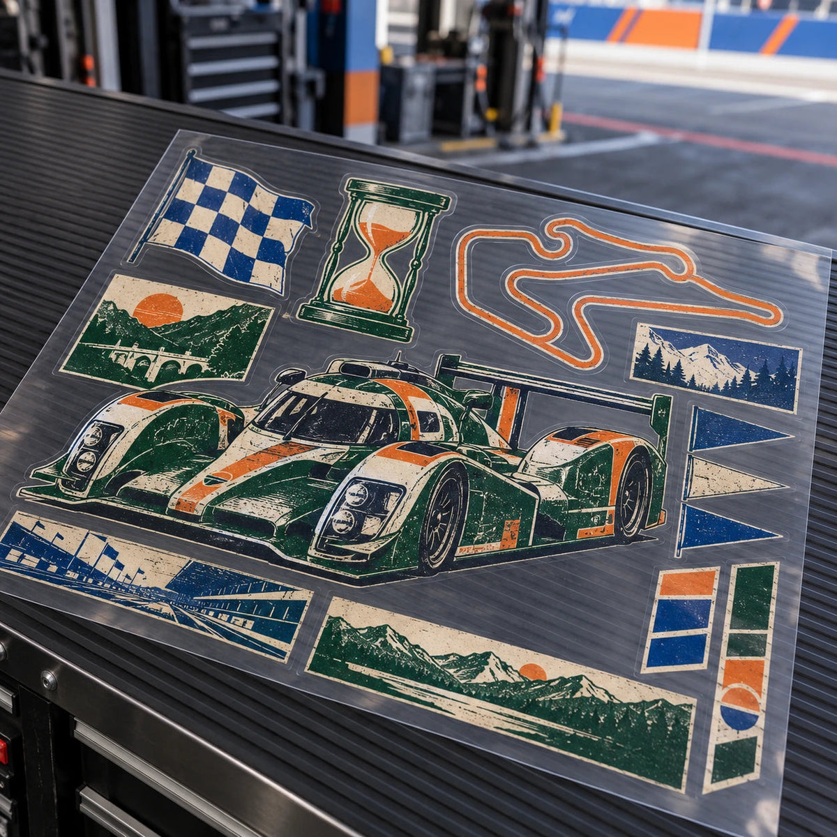 Completed vintage endurance-car UV sheet with timer, pennant and track artwork.