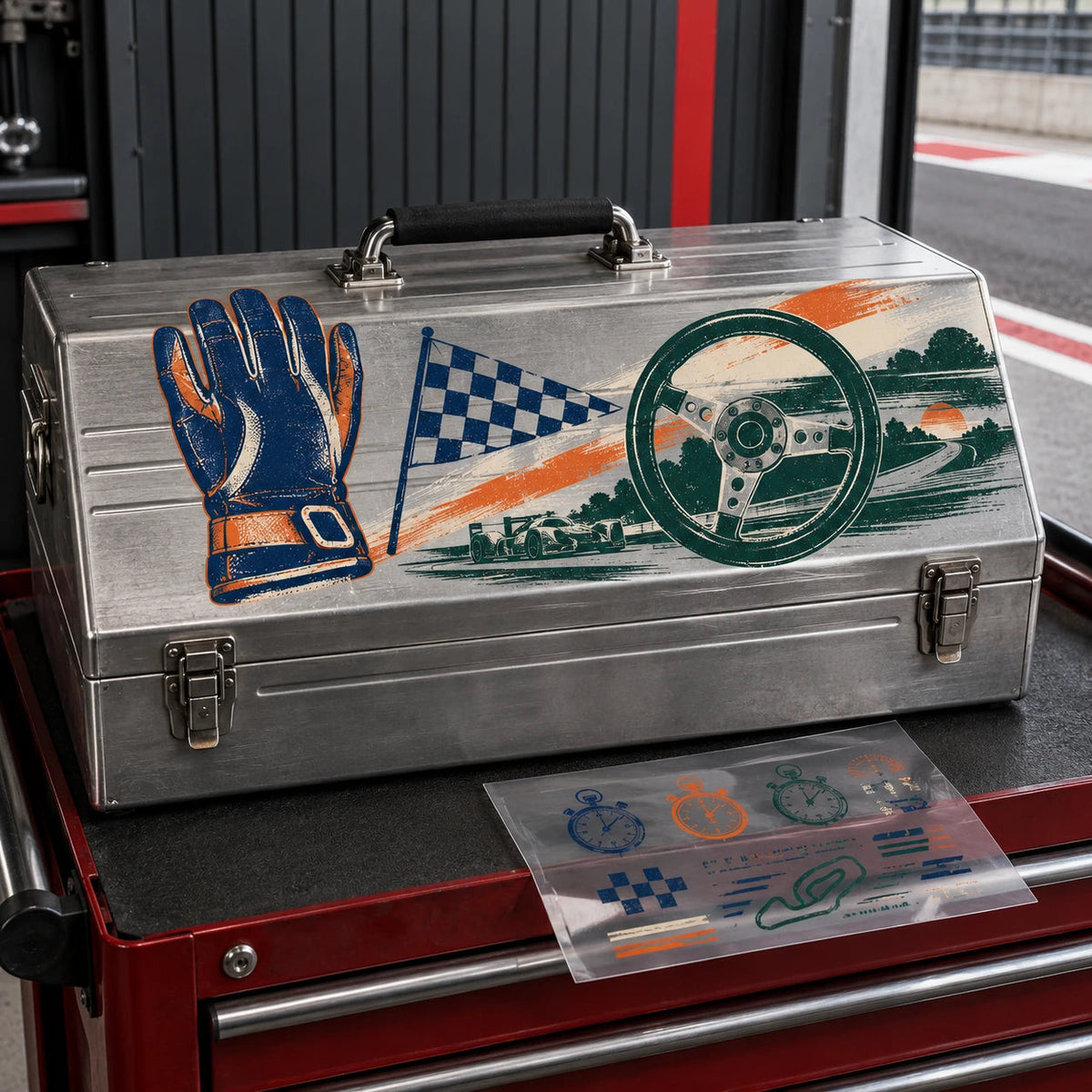 Vintage racing graphics on a silver toolbox, with a separate UV carrier sheet in front.