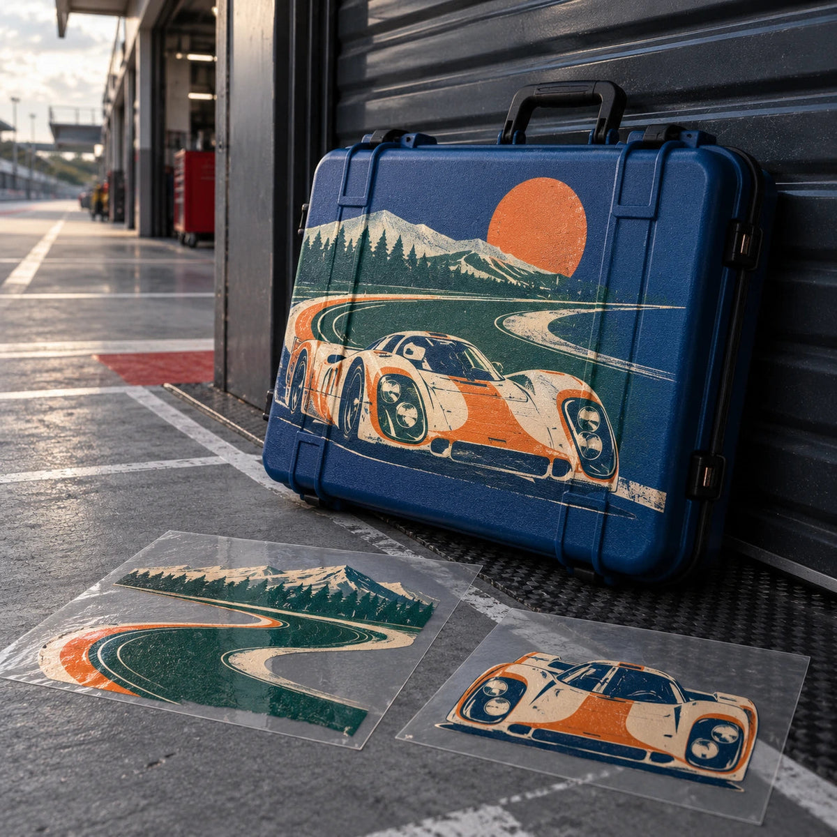 Vintage car and hairpin artwork on a blue hard-shell case, with separate UV transfer pieces.