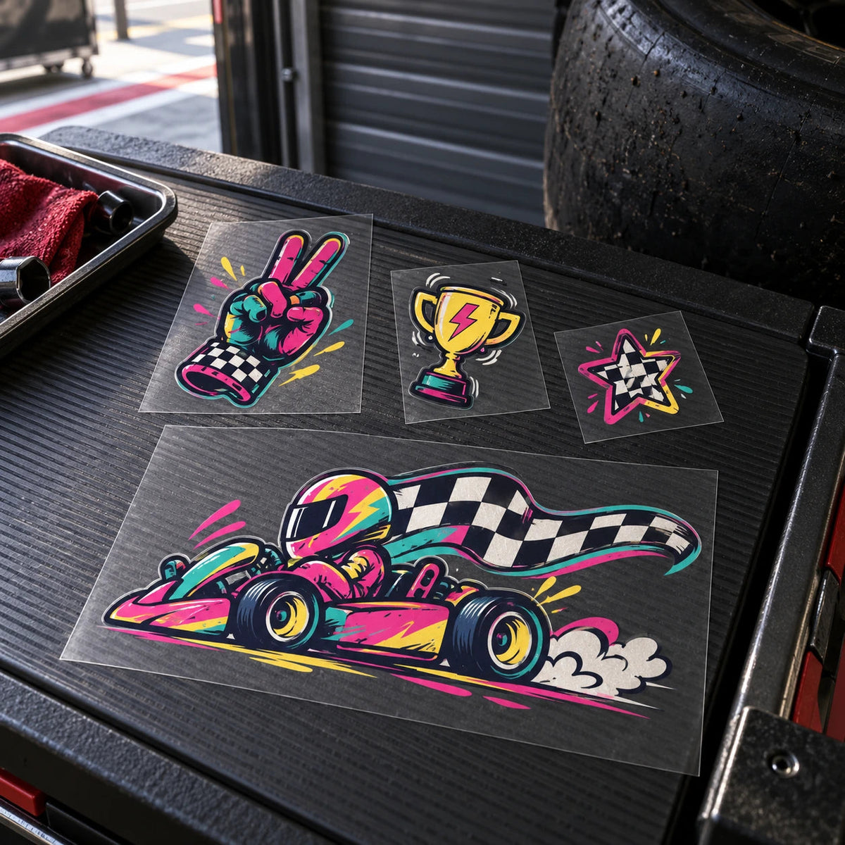 Separate colorful kart, glove, trophy and checker-star UV transfers on clear carrier film.