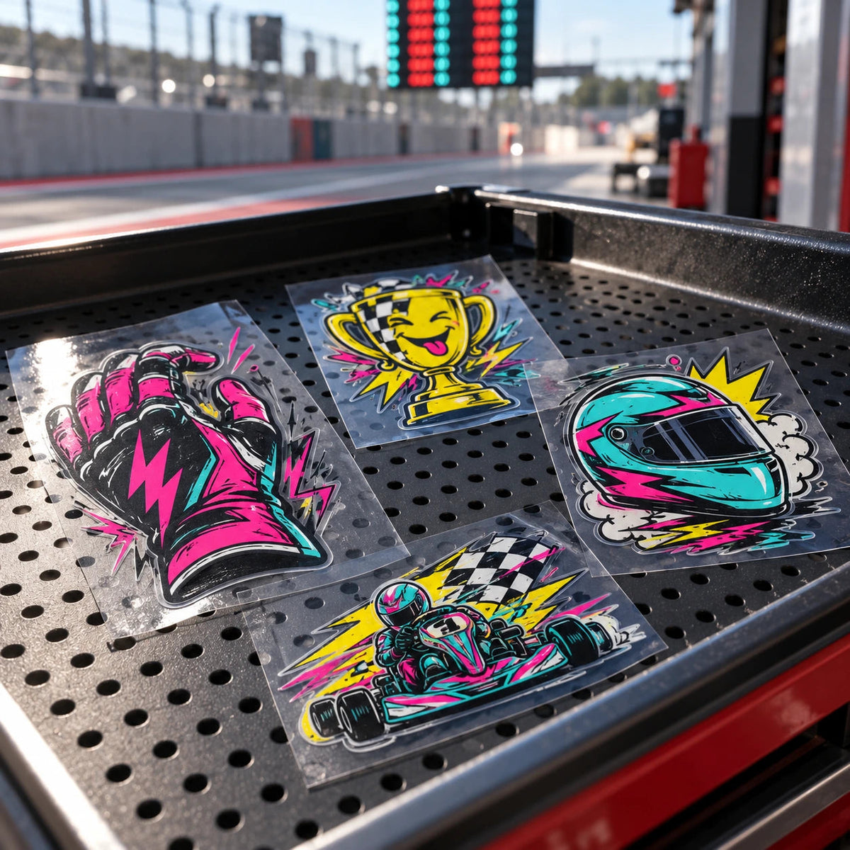 Separate pink, teal and yellow racing glove, trophy and helmet UV transfer pieces.