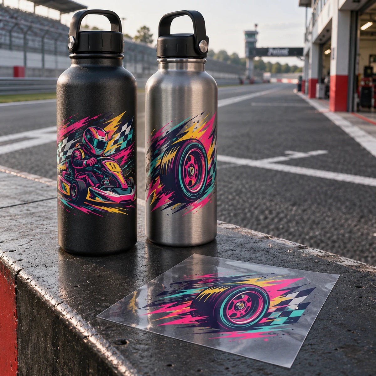 Racing graphics on black and silver paddock bottles, with a separate clear-film wheel transfer.