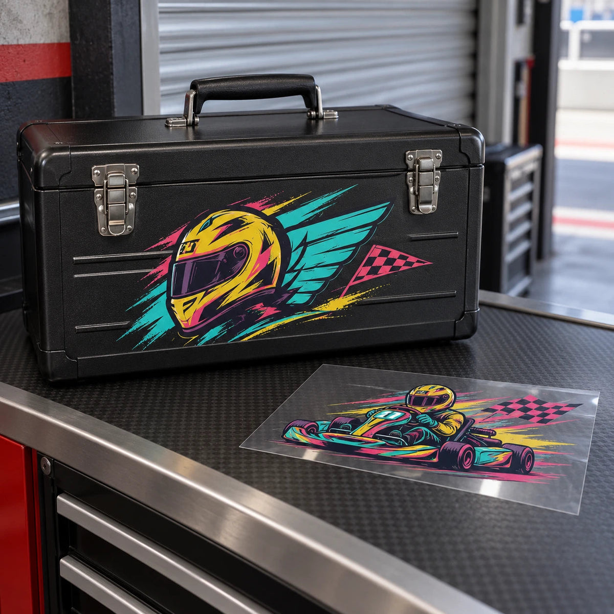Cartoon helmet artwork on a black toolbox, with a separate clear-film kart transfer.