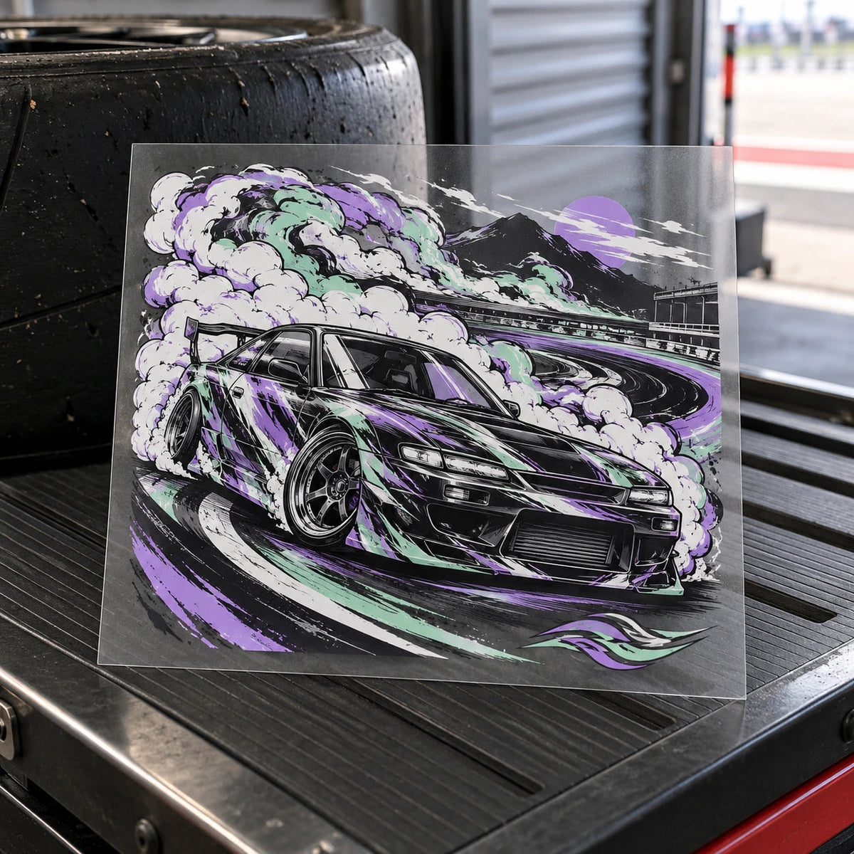 Finished UV carrier sheet of lavender, mint and violet drift-car and wheel graphics.