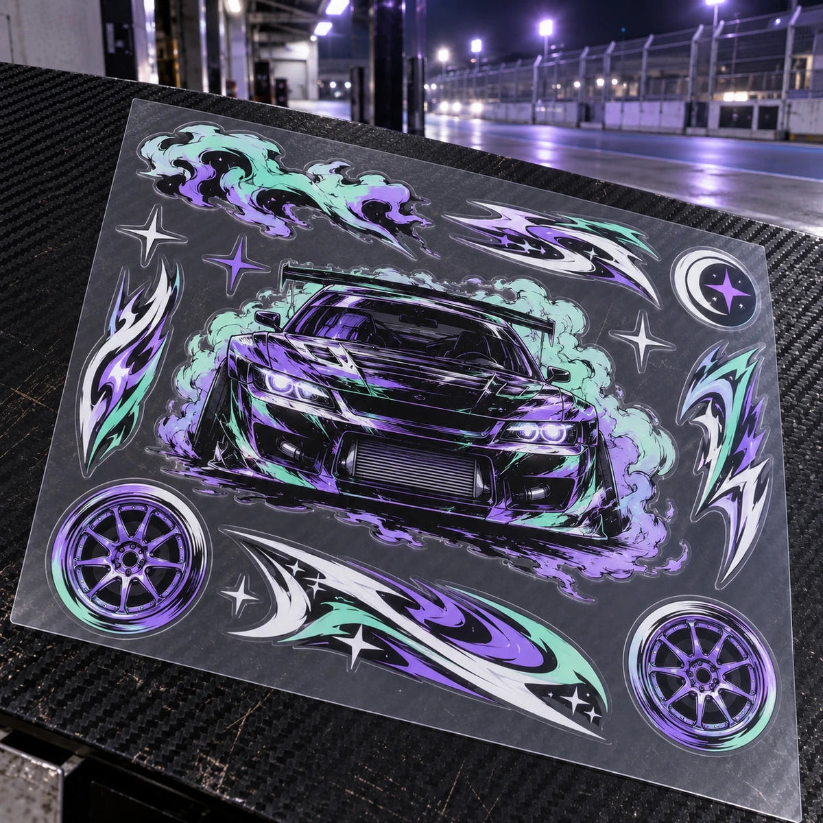 Completed clear-film drift-car layout with smoke, wheel and corner graphics.