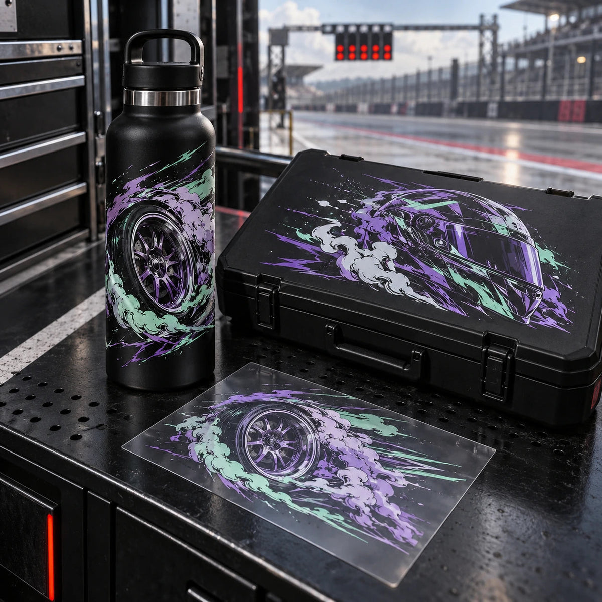 Drift-racing artwork on a black bottle and tool-case lid, with a separate loose UV transfer.