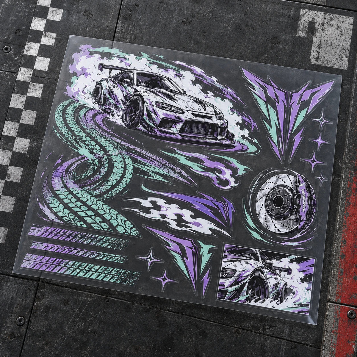 Finished UV sheet of mint and lavender tread, aero-fin and brake-disc artwork.