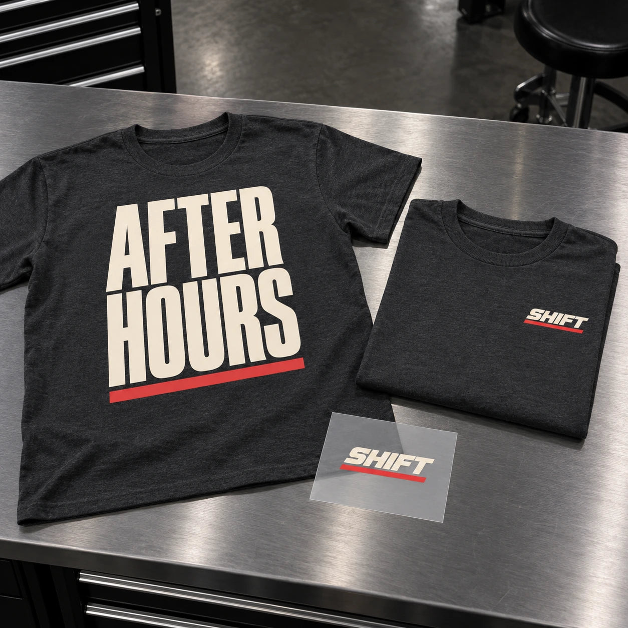 Illustrative AFTER HOURS large-front tee and SHIFT chest-print tee beside loose transfer film.