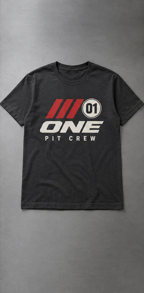 Charcoal T-shirts with a small 01 left-chest mark, a large ONE front print, and a PIT CREW back print. — Full-front application