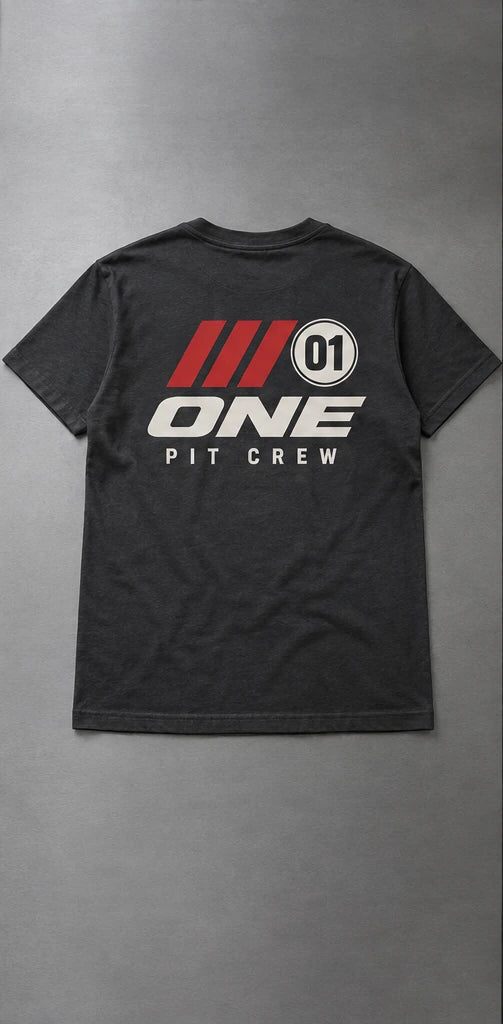 Charcoal T-shirts with a small 01 left-chest mark, a large ONE front print, and a PIT CREW back print. — Full-back application