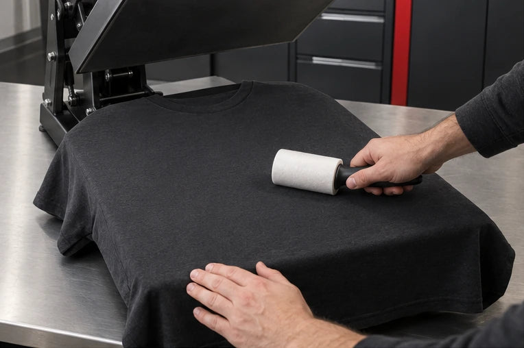 Illustrated application sequence: garment preparation, printed-film placement, carrier peel and covered finishing press. — Garment preparation