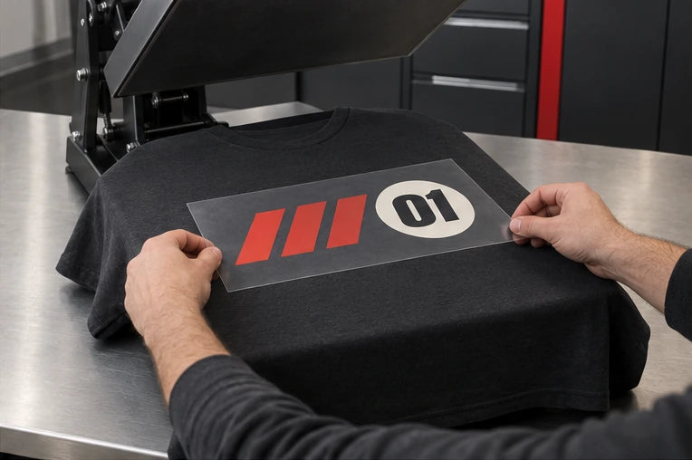 Illustrated application sequence: garment preparation, printed-film placement, carrier peel and covered finishing press. — Printed-film placement