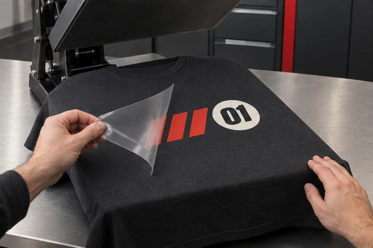 Illustrated application sequence: garment preparation, printed-film placement, carrier peel and covered finishing press. — Carrier peel