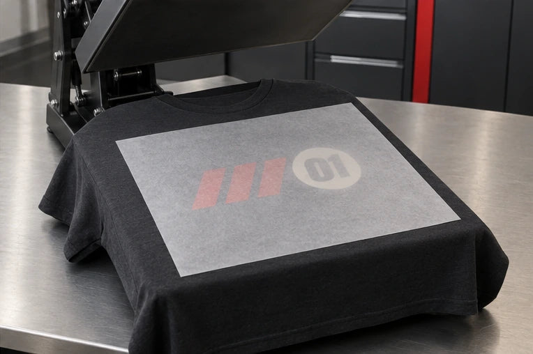 Illustrated application sequence: garment preparation, printed-film placement, carrier peel and covered finishing press. — Cover sheet ready for finishing press