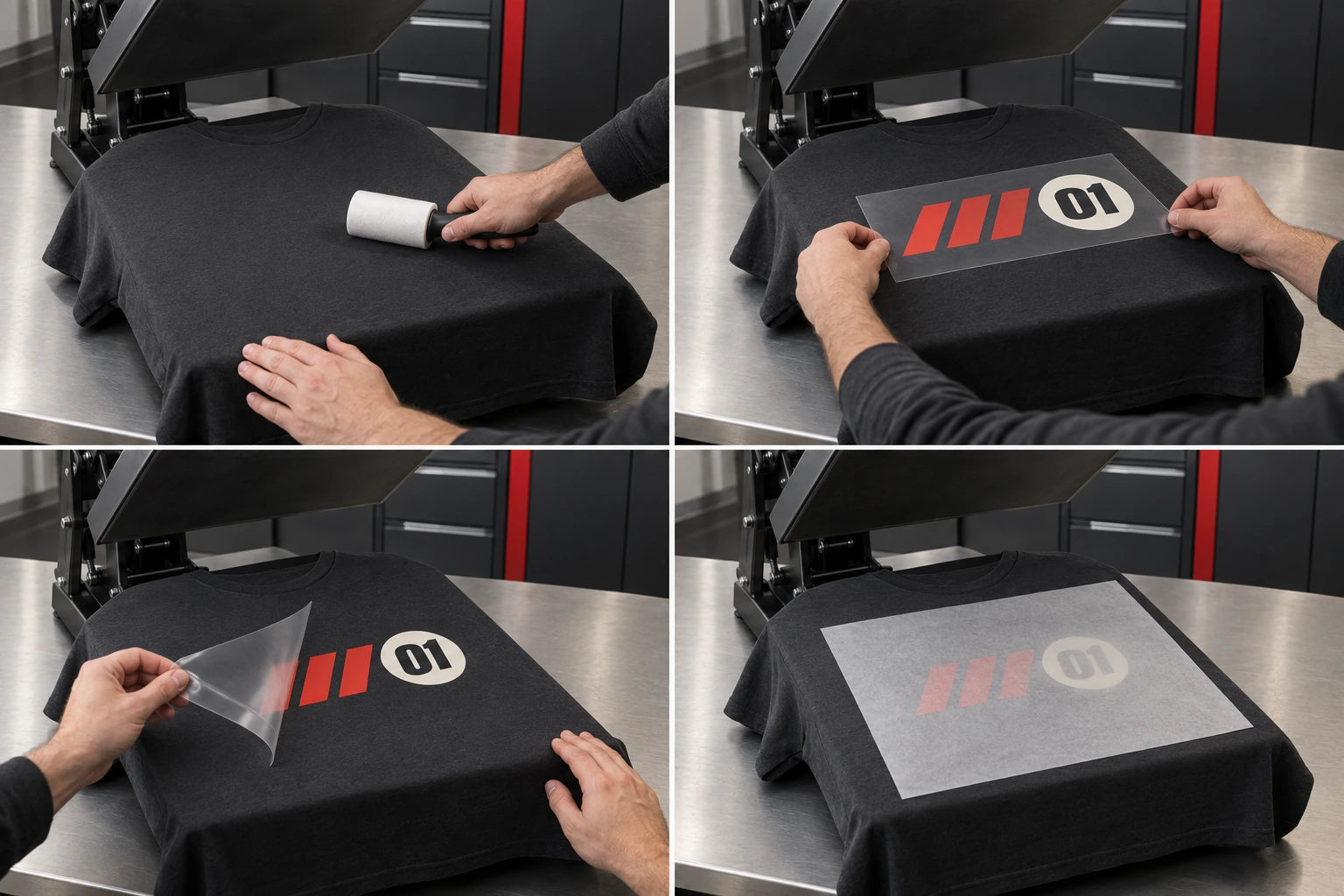 Illustrated application sequence: garment preparation, printed-film placement, carrier peel and covered finishing press.