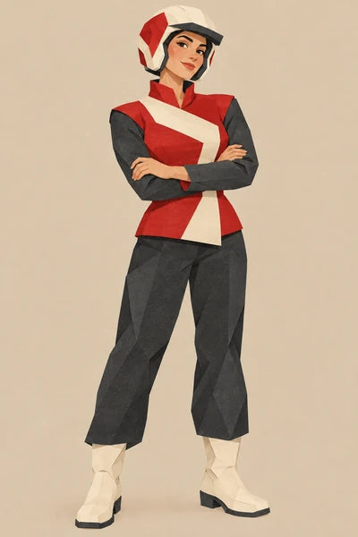 Fictional pit-crew guide in an ivory and red helmet and red jacket, with folded arms.