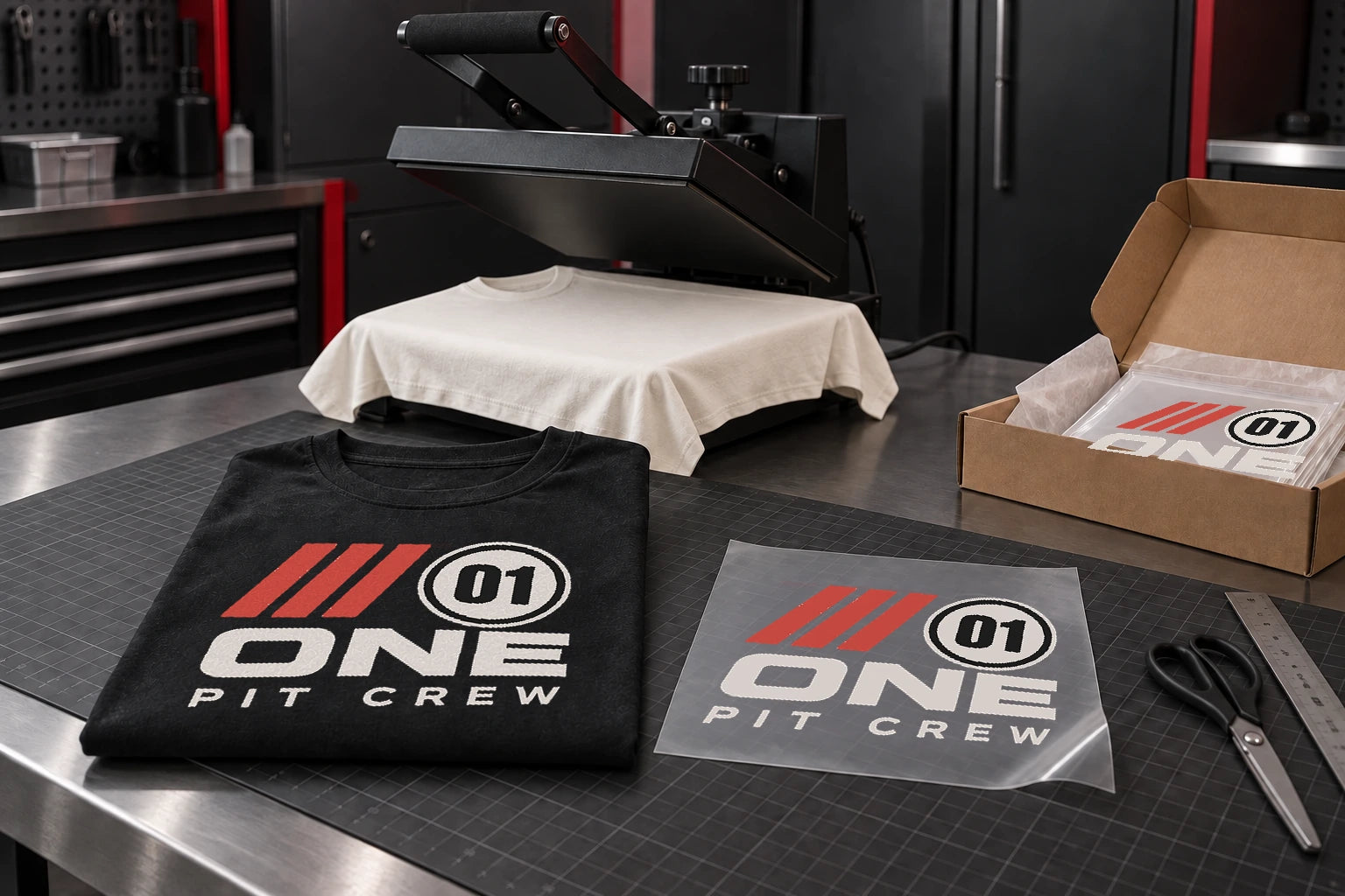 DTF transfer sheets, press, and packed orders on a charcoal studio workbench.