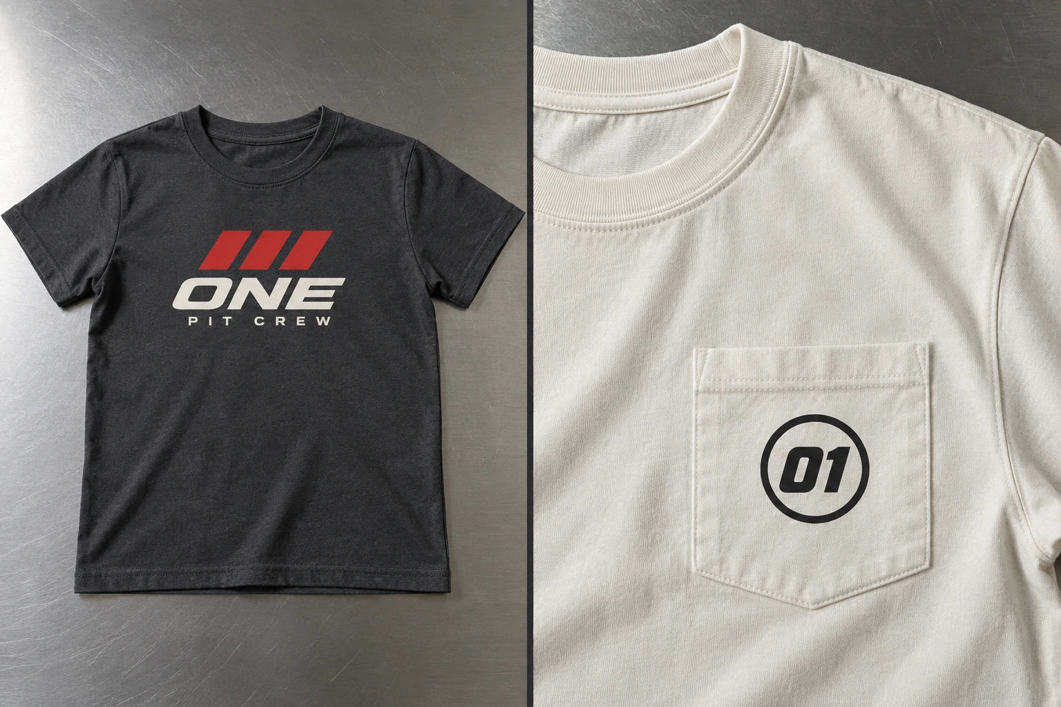 Charcoal youth T-shirt with a compact ONE front graphic beside an ivory shirt pocket with a small 01 logo inside the seams.