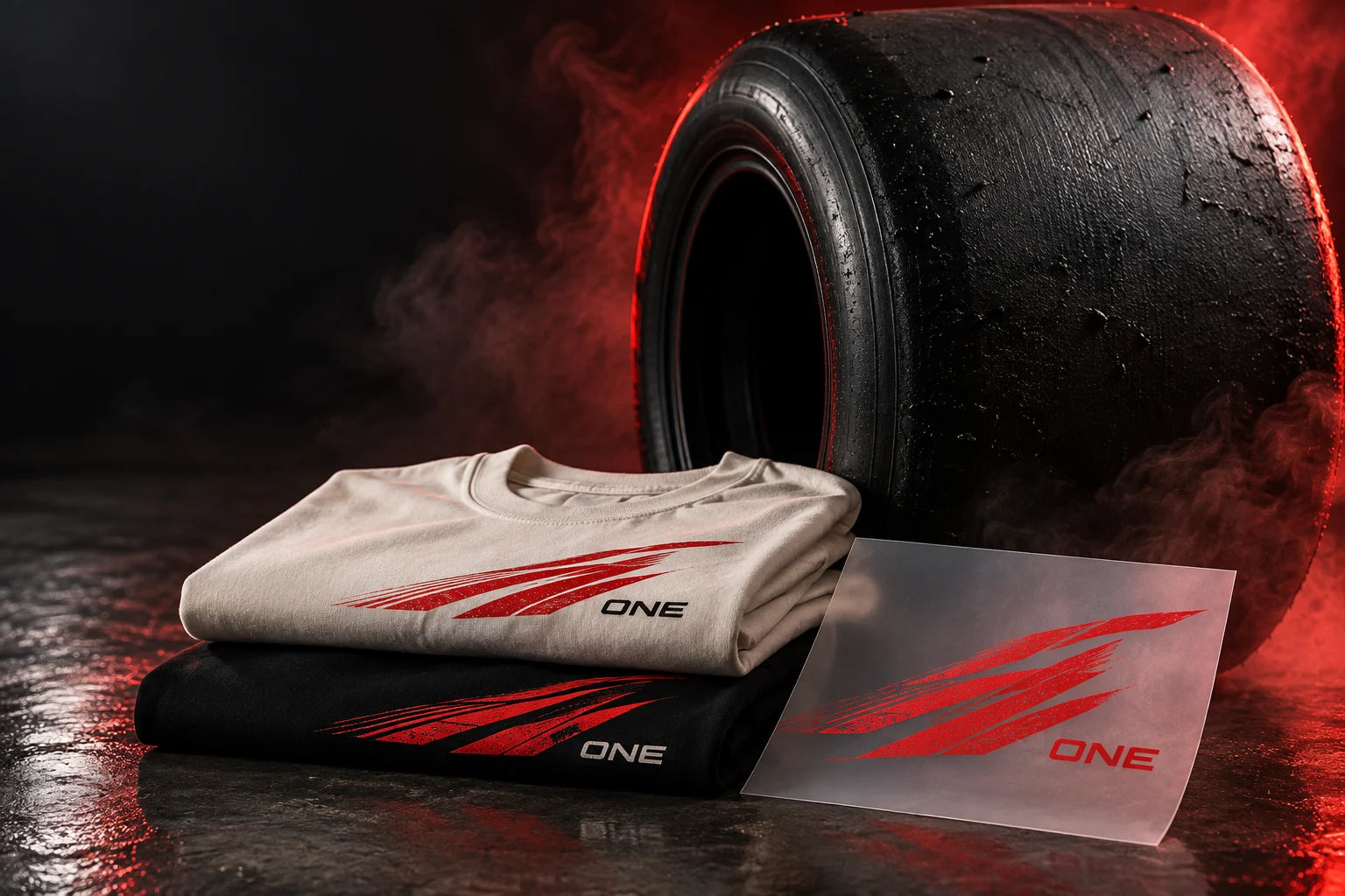 Original red speed graphics on cotton garments and transfer film beside a smoky racing tire